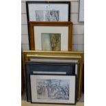 A quantity of various watercolours pictures and prints, including pair by F Parr, coloured hunting