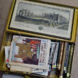 A yellow tin trunk containing books about Battle Abbey, print etc