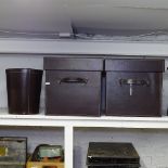 A pair of brown leather storage boxes, and matching waste paper bin