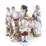 A group of Continental porcelain figures, 2 with painted blue M, largest height 15cm (6)