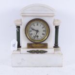 An early 20th century French white marble architectural mantel clock, verdigris column supports with