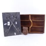 A lead covered oak hanging key safe, carved wood pocket watch holder, and a housemaid's cutlery tray