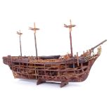A handmade model ship cutaway diorama, length 73cm, height 41cm