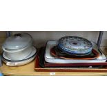 Various kitchenalia, including Berndes casserole dish, tea trays etc