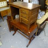 A small 1930s oak single-pedestal writing desk, W83cm, and reproduction mahogany sofa table