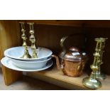 Booths serving dishes with George V crest, 2 pairs of brass candlesticks, and a copper kettle, 23cm