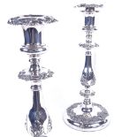 A pair of silver plate on copper baluster candlesticks, with embossed decoration