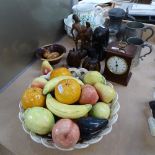 Carved wood boxes modelled as fruit, pewter mugs, ceramic fruit etc