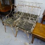 A mid-century wrought-iron garden set, comprising 2 chairs and bench, with scrolled decoration and