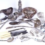A box with plated Old English pattern cutlery, sugar sifter, fruit bowl etc