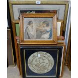Various pictures and prints, including Pergolesi etchings, sepia roundel watercolour etc