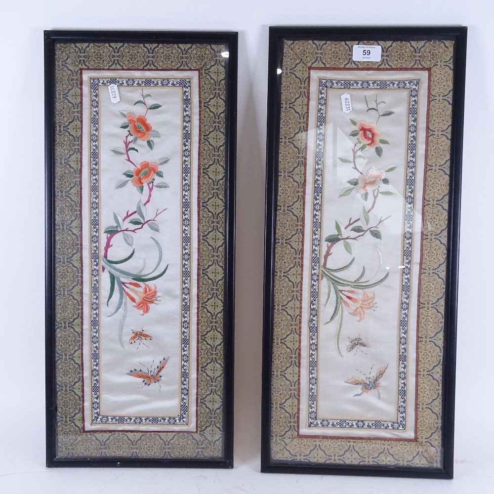 A pair of Chinese silk embroidered panels, butterfly and flower designs, framed, 62cm x 27cm