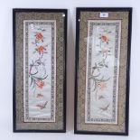 A pair of Chinese silk embroidered panels, butterfly and flower designs, framed, 62cm x 27cm