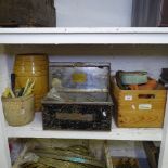 A shelf of miscellaneous hardware, a Deed box, a stoneware barrel etc