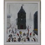 Modern oil on canvas, modernist Lowry style street scene, 75cm x 60cm, framed