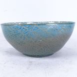 A large Monart Studio glass bowl, crackled blue and green decoration, unsigned, diameter 24cm