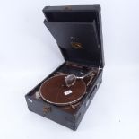 A Vintage HMV portable gramophone with crank, case length 42cm