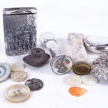 Various collectables, including 2 desk seals, silver plated Vesta case, shell brooch etc