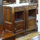 A pair of French oak marble-top bedside cabinets, with ormolu mounts, W43cm, H76cm