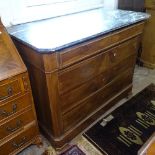 19th century French walnut chest, with shaped speckled grey and white marble top, 4 long graduated