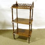 A Victorian walnut and marquetry inlaid 3-tier whatnot, width 52cm