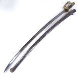 A 19th century sabre, engraved brass basket hilt, with steel scabbard Wire on the grip has