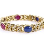 A sapphire ruby and diamond Cuban link bracelet, set at alternates with cabochon-cut sapphires and