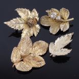 FLORA DANICA - 4 Vintage Danish stylised vermeil sterling silver Eggert leaf brooches, largest