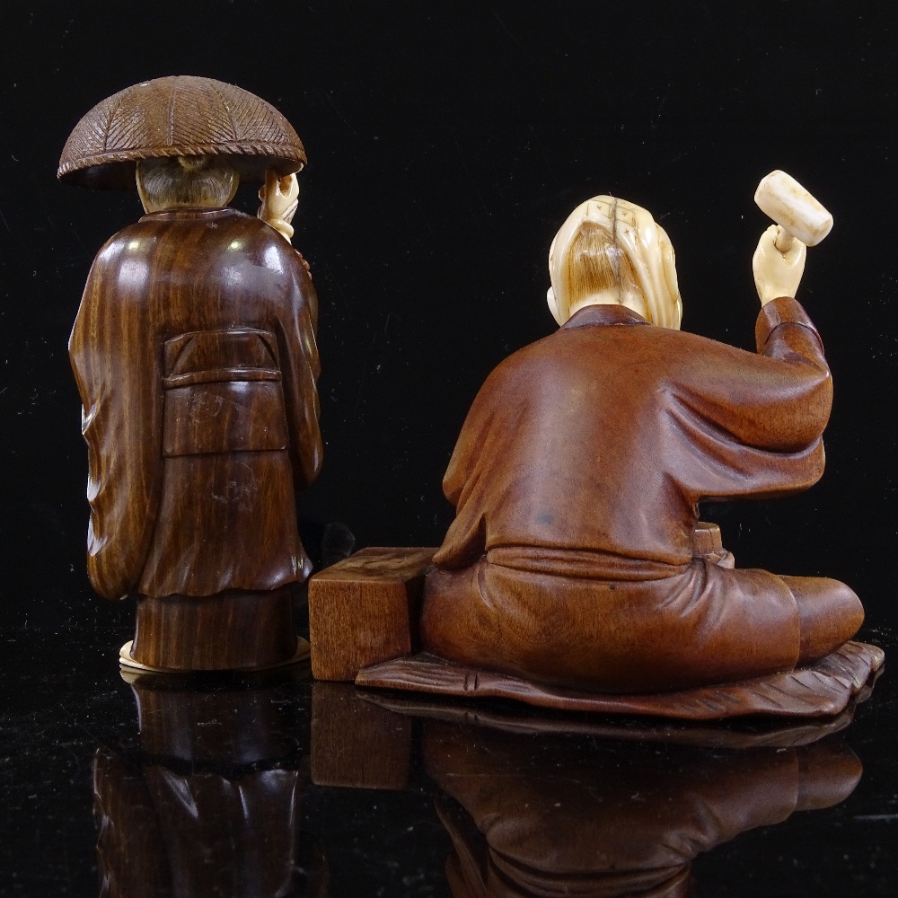 2 Japanese carved wood and ivory figures, Meiji Period, tallest height 10cm - Image 3 of 3