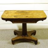 A 19th century rosewood fold over card table, on platform base
