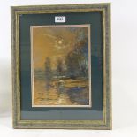 Alfred Bastien (1873 - 1955), watercolour, moonlit lake scene, signed, 11.5" x 8", framed Slight