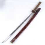 A Japanese sword, early to mid-20th century, with leather scabbard, blade length 68.5cm Good overall