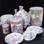 A group of Chinese porcelain items, including a rectangular pot and cover with dragon knop, height