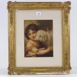 19th century watercolour, child with a lamb, unsigned, 11" x 9", framed One fox mark on the child'