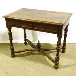 An 18th century oak side table, with single drawer and shaped cross stretcher, 90cm x 59cm, height