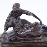 A patinated bronze sculpture, erotic composition, signed with monogram SM, onyx base, base length