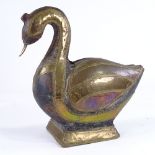 A Persian brass-mounted carved wood duck, height 25cm