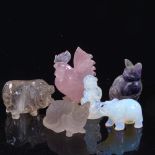 A group of crystal opalescent glass and hardstone carvings, including a rose quartz cockerel, height