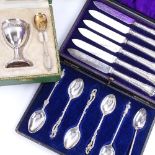 Various silver including French egg cup set, spoons, knives etc Lot sold as seen unless specific