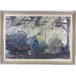 Geoff Shaw, oil on board, steam trains at York Station, signed, 24" x 36", framed Good condition