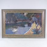 Contemporary British School, oil on board, impressionist canal scene, indistinctly signed, 18" x