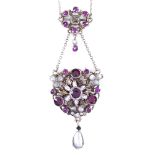 An Austro-Hungarian silver enamel and gem set lavaliere pendant necklace, floral drops design,