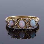 An early 20th century 18ct gold 7-stone cabochon opal and diamond half hoop ring, hallmarks London