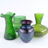 3 pieces of Loetz iridescent green glass, largest height 15.5cm, and an Okra iridescent glass