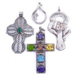 Various silver religious style jewellery, including stone set cross, Swedish teardrop pendant etc,