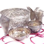 A group of various Eastern unmarked white metal items, including bowl, mug etc, largest bowl