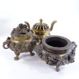 3 Chinese bronze censer, comprising a polished bronze censor with pierced cover, height 15cm, a cast