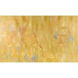 Large oil on canvas, abstract figures, indistinct inscription on reverse, 28" x 48", unframed Good