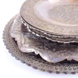 A group of various unmarked white metal plates and trays, largest diameter 19.5cm, 18.6oz total (