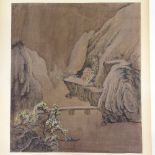19th century Chinese School, watercolour on silk, mountain landscape, 14" x 12.5", unframed Good